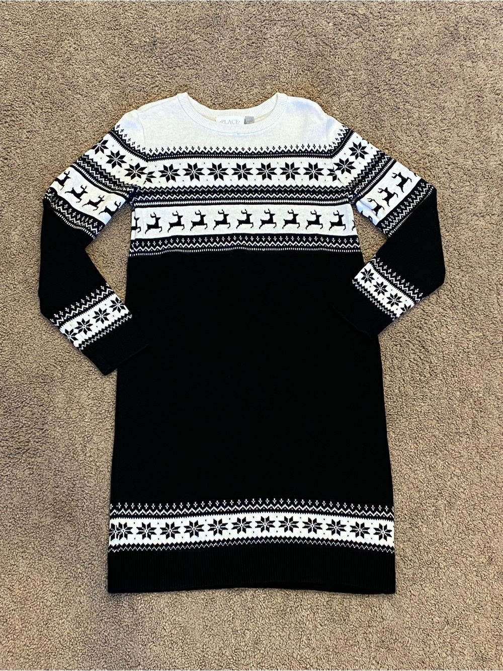The Children's Place Black & White Nordic Reindeer Crewneck Sweater Dress